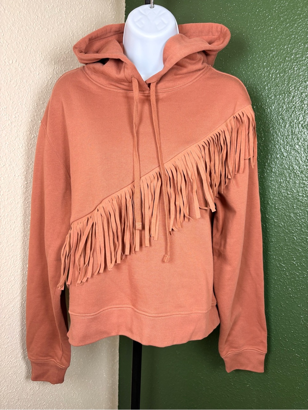 Fringed Hooded Sweatshirt in Dusty Coral